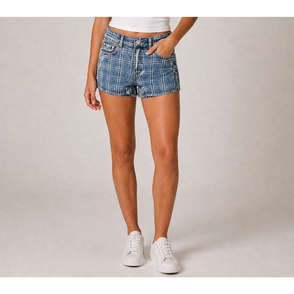 NEW Tractr Denim Shorts Womens 0 Blue Plaid Grunge Streetwear Y2K Style High Ris